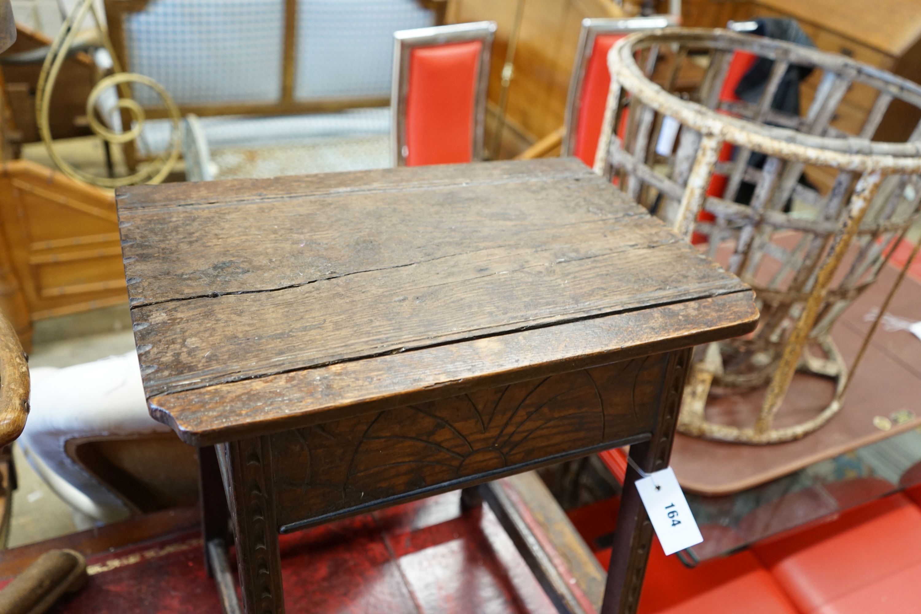 A 17th century style oak box on stand, width 48cm depth 33cm height 55cm